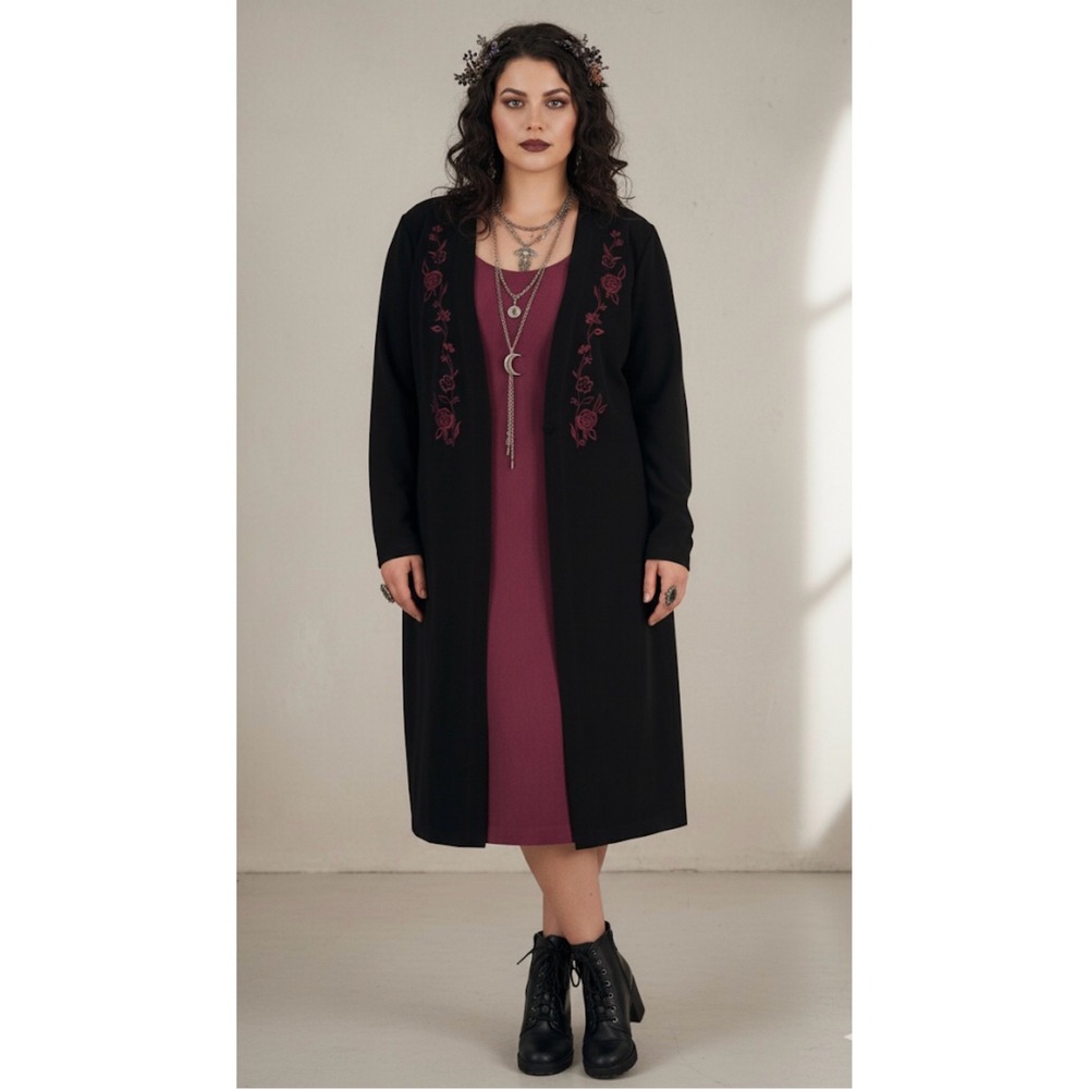 Vintage‎ Whimsigoth Moody Black Rose Embroidered Dress Cardigan Overlay Size 16